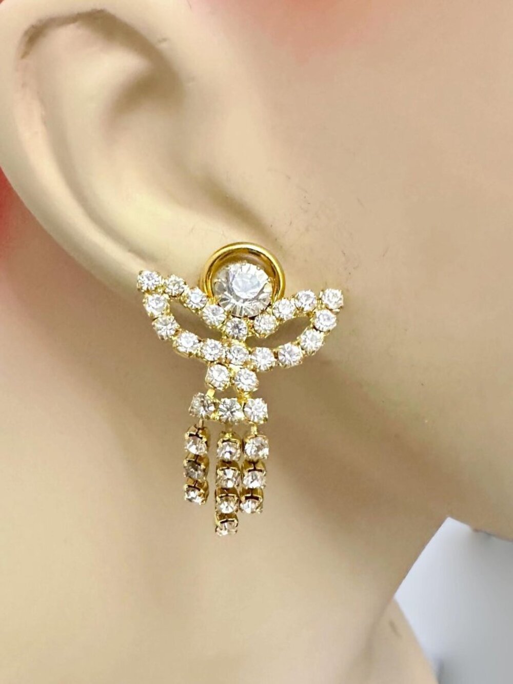 Vintage Angel Earrings: Rhinestone Gold Tone Posts